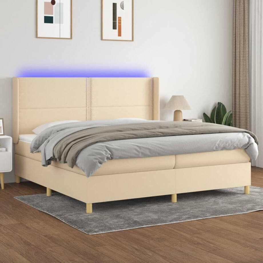 vidaXL Boxspring met matras en LED stof crèmekleurig 200x200 cm afbeelding 1