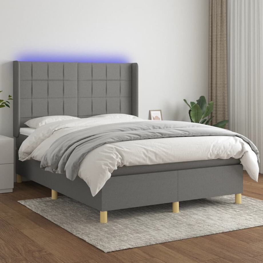 vidaXL Boxspring met matras en LED stof donkergrijs 140x200 cm afbeelding 1