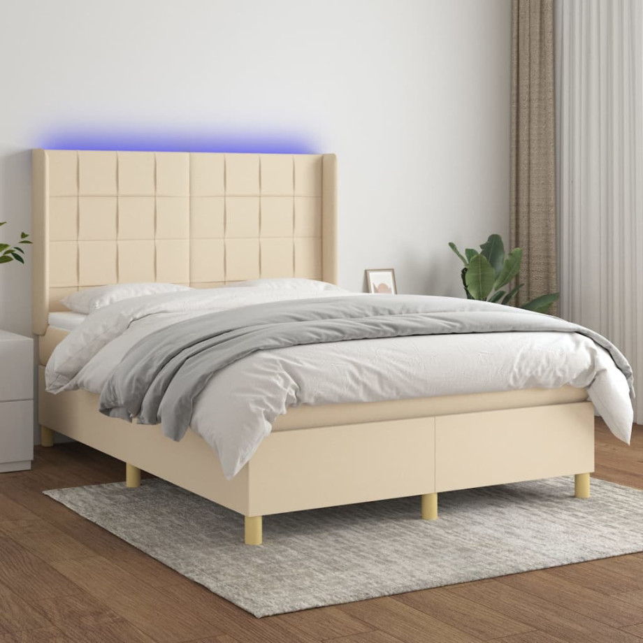 vidaXL Boxspring met matras en LED stof crèmekleurig 140x200 cm afbeelding 1
