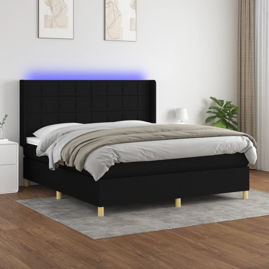 vidaXL Boxspring met matras en LED stof zwart 160x200 cm afbeelding 1