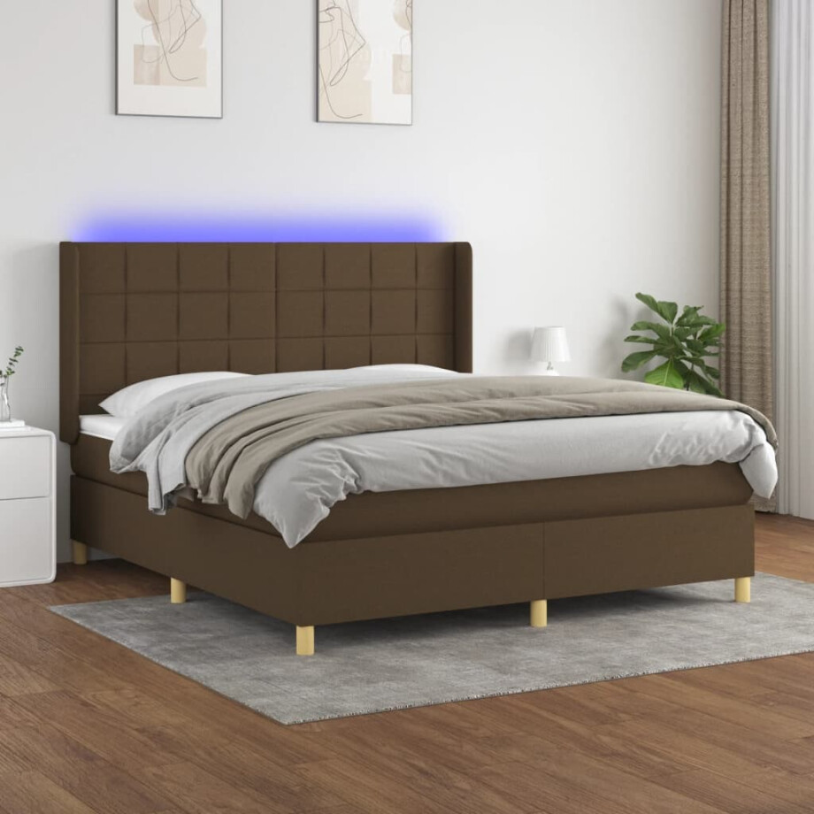 vidaXL Boxspring met matras en LED stof donkerbruin 180x200 cm afbeelding 1