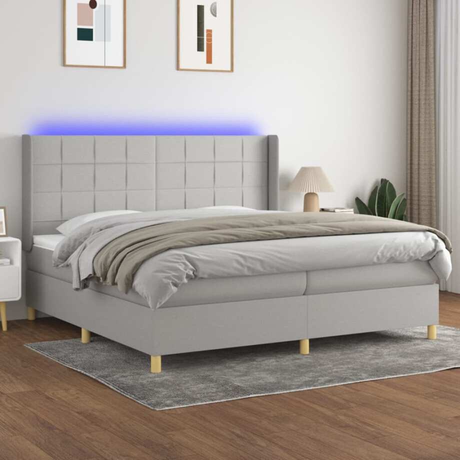 vidaXL Boxspring met matras en LED stof lichtgrijs 200x200 cm afbeelding 1