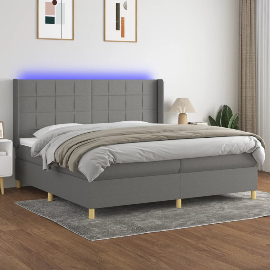 vidaXL Boxspring met matras en LED stof donkergrijs 200x200 cm afbeelding 1