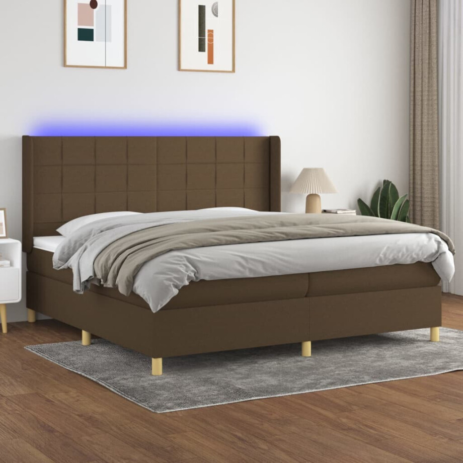 vidaXL Boxspring met matras en LED stof donkerbruin 200x200 cm afbeelding 1