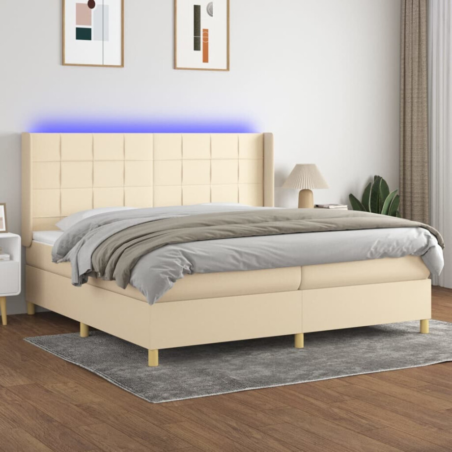 vidaXL Boxspring met matras en LED stof crèmekleurig 200x200 cm afbeelding 1