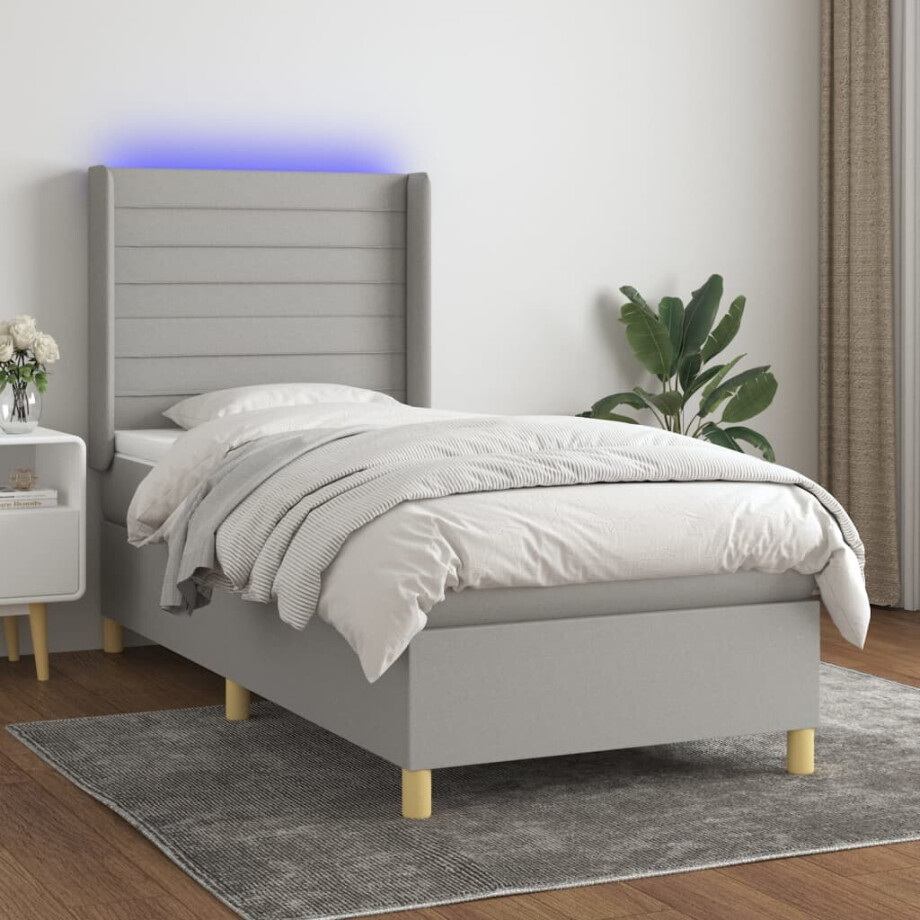 vidaXL Boxspring met matras en LED stof lichtgrijs 90x190 cm afbeelding 1