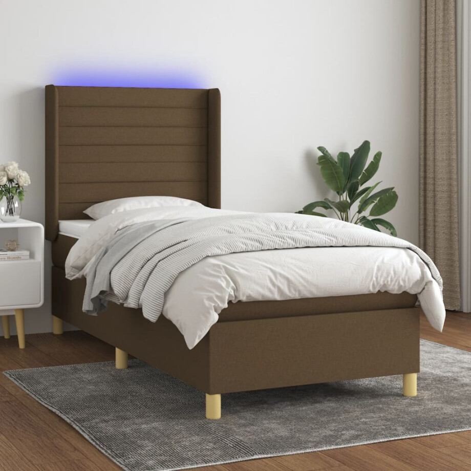 vidaXL Boxspring met matras en LED stof donkerbruin 90x190 cm afbeelding 1