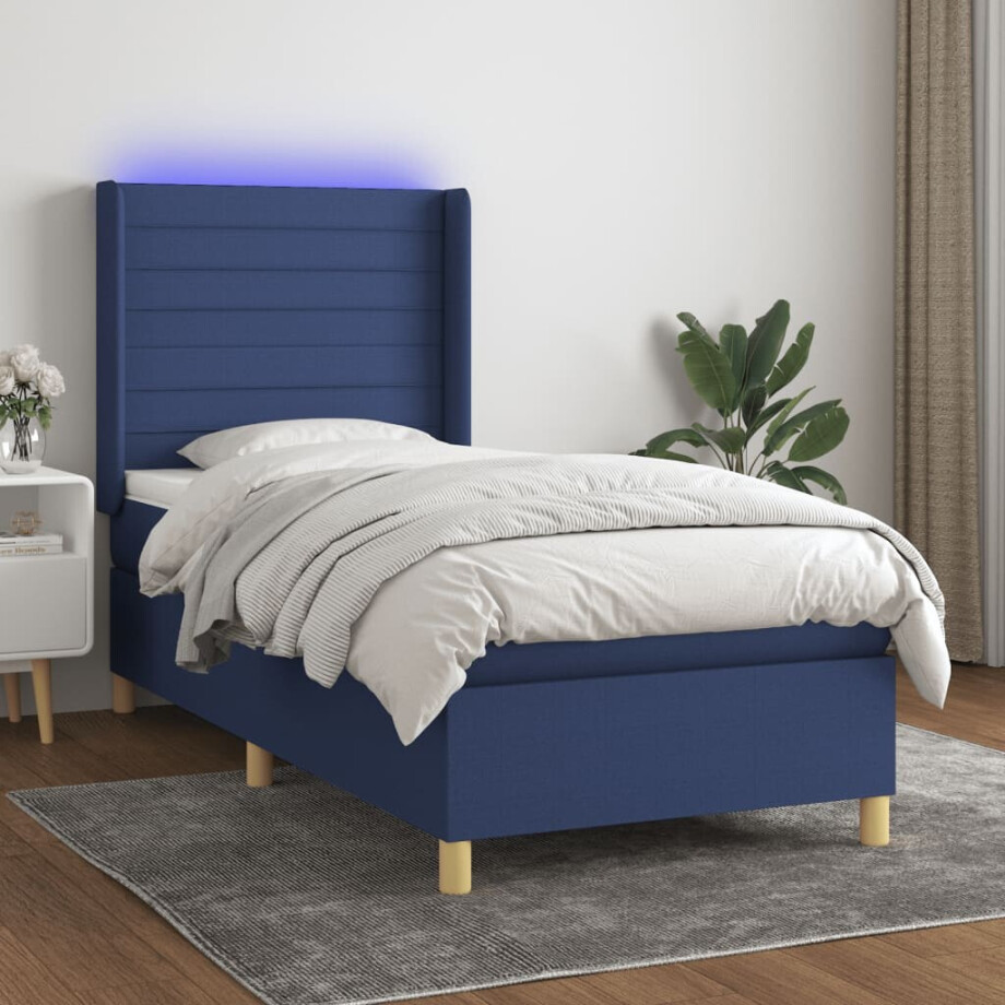 vidaXL Boxspring met matras en LED stof blauw 100x200 cm afbeelding 1