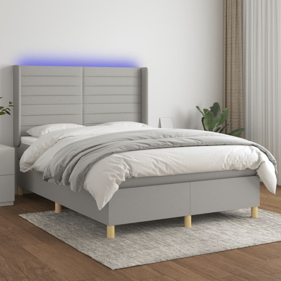 vidaXL Boxspring met matras en LED stof lichtgrijs 140x190 cm afbeelding 1