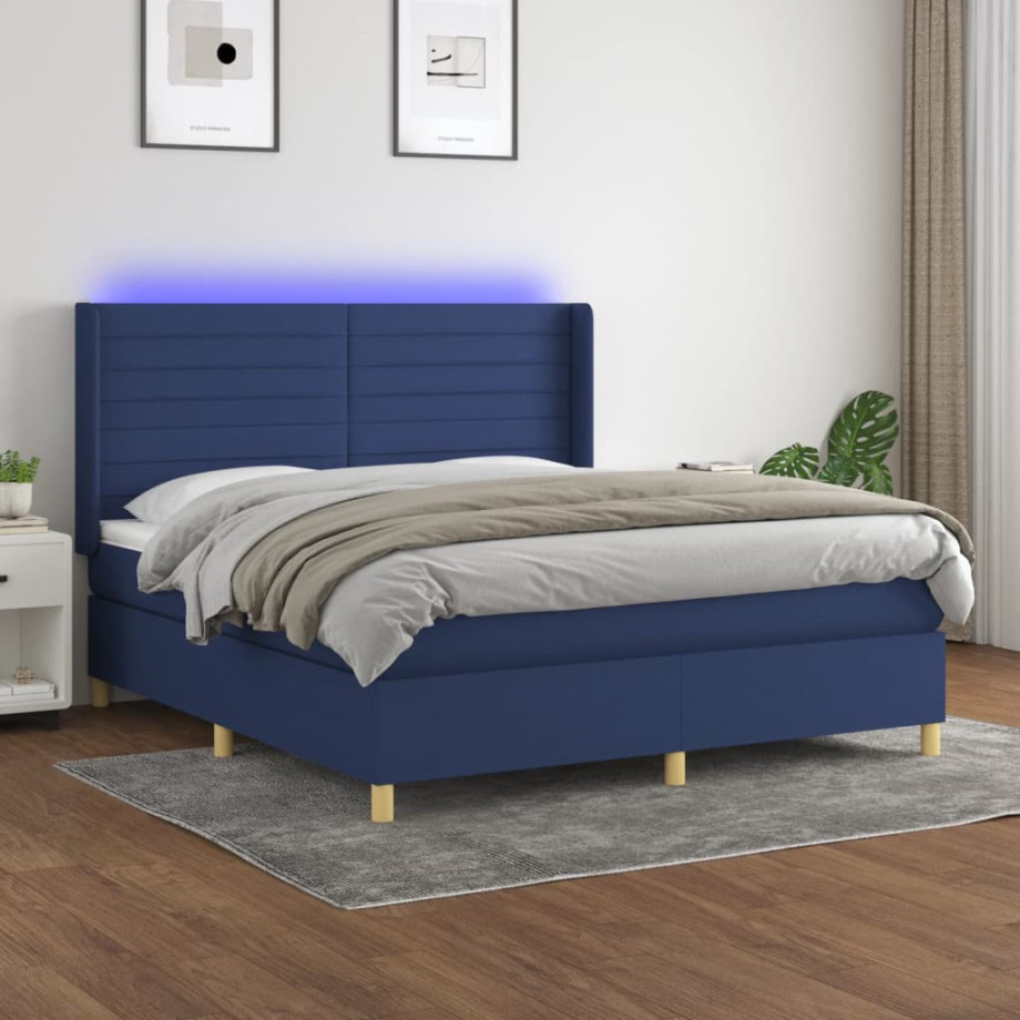 vidaXL Boxspring met matras en LED stof blauw 160x200 cm afbeelding 1