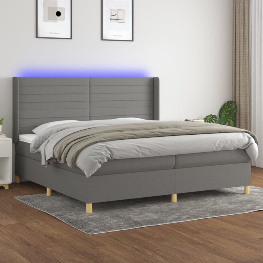vidaXL Boxspring met matras en LED stof donkergrijs 200x200 cm afbeelding 1