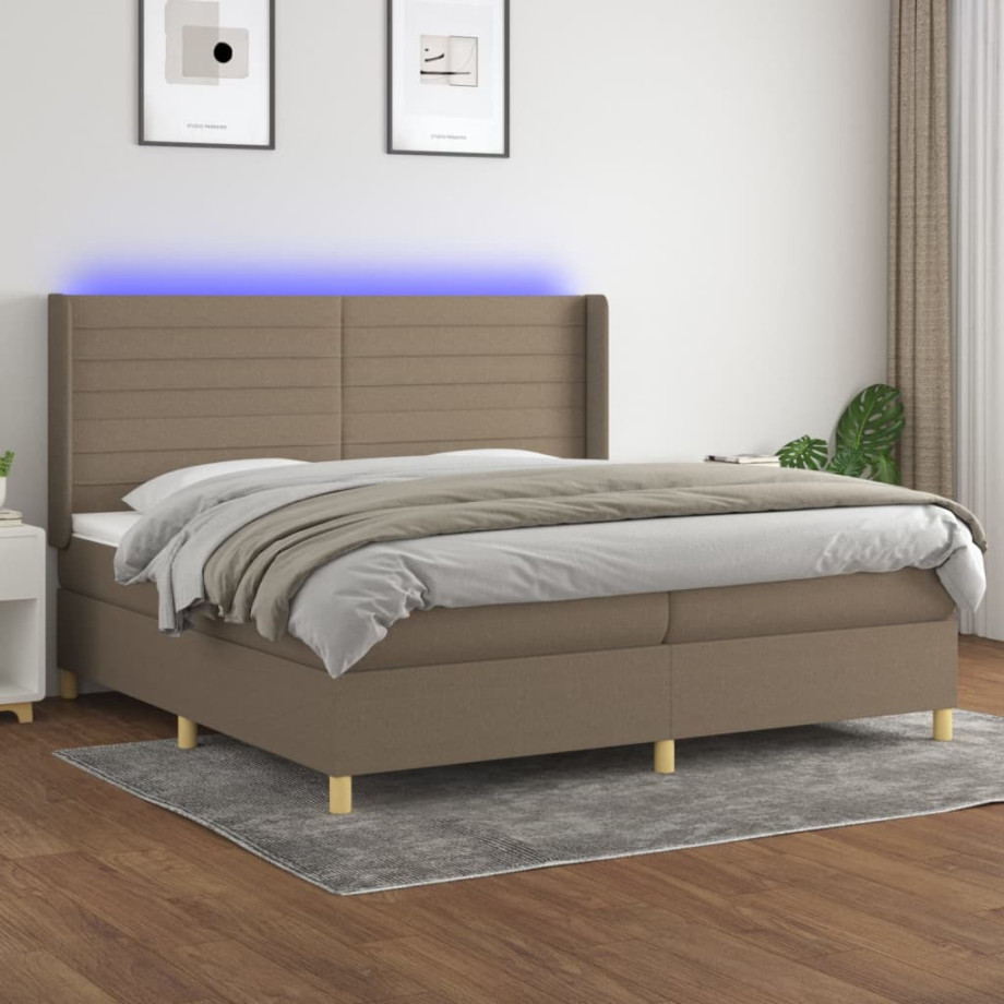 vidaXL Boxspring met matras en LED stof taupe 200x200 cm afbeelding 1