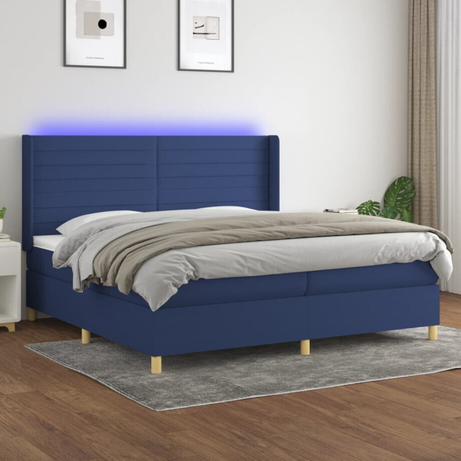 vidaXL Boxspring met matras en LED stof blauw 200x200 cm afbeelding 1