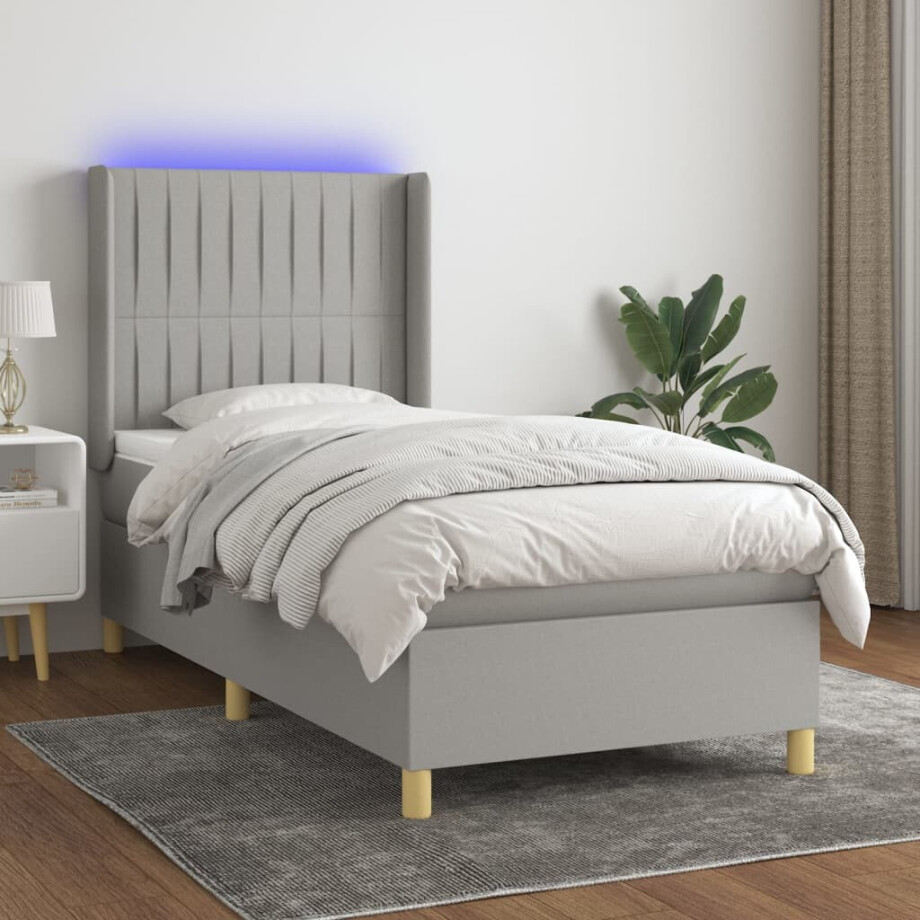vidaXL Boxspring met matras en LED stof lichtgrijs 90x190 cm afbeelding 1
