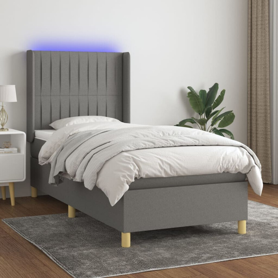 vidaXL Boxspring met matras en LED stof donkergrijs 100x200 cm afbeelding 1