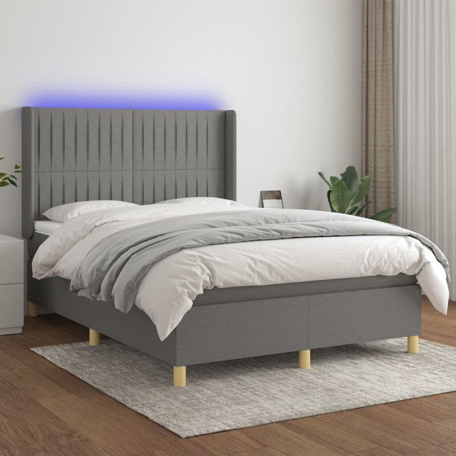 vidaXL Boxspring met matras en LED stof donkergrijs 140x190 cm afbeelding 1