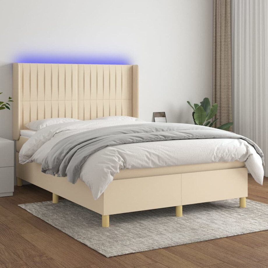vidaXL Boxspring met matras en LED stof crèmekleurig 140x190 cm afbeelding 1