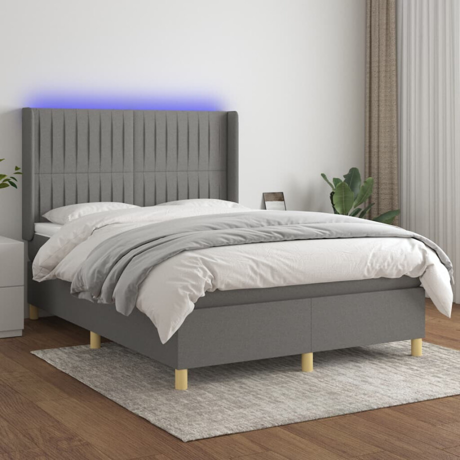 vidaXL Boxspring met matras en LED stof donkergrijs 140x200 cm afbeelding 1