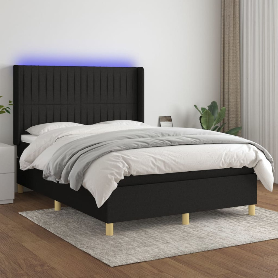 vidaXL Boxspring met matras en LED stof zwart 140x200 cm afbeelding 1