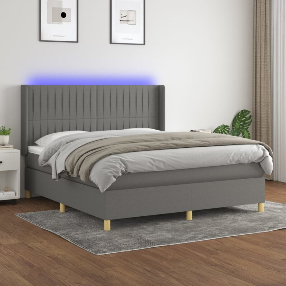 vidaXL Boxspring met matras en LED stof donkergrijs 160x200 cm afbeelding 1