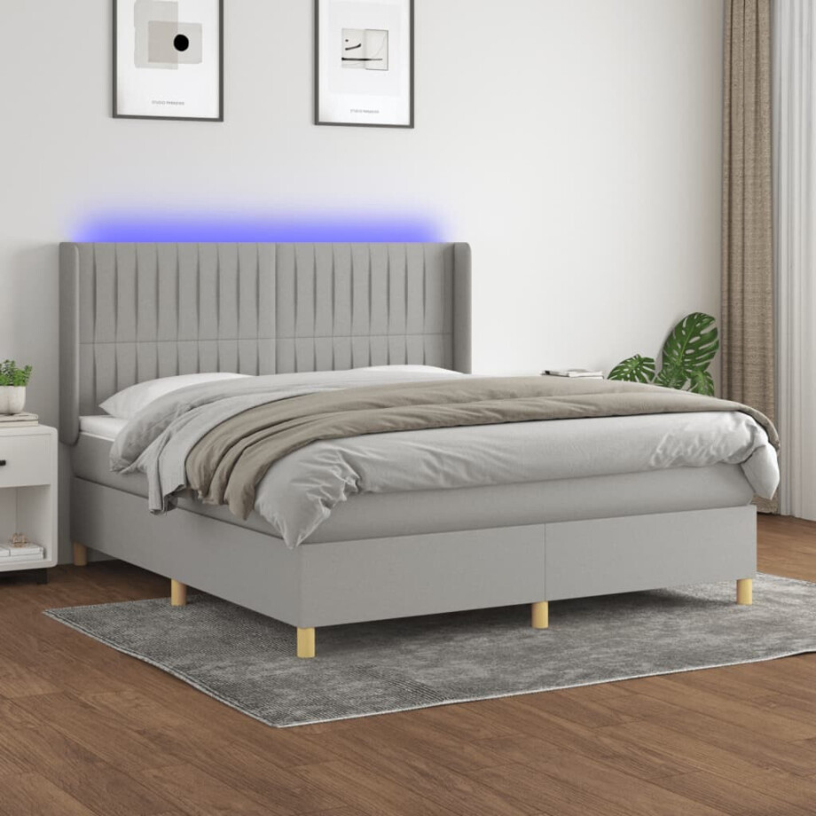 vidaXL Boxspring met matras en LED stof lichtgrijs 180x200 cm afbeelding 1