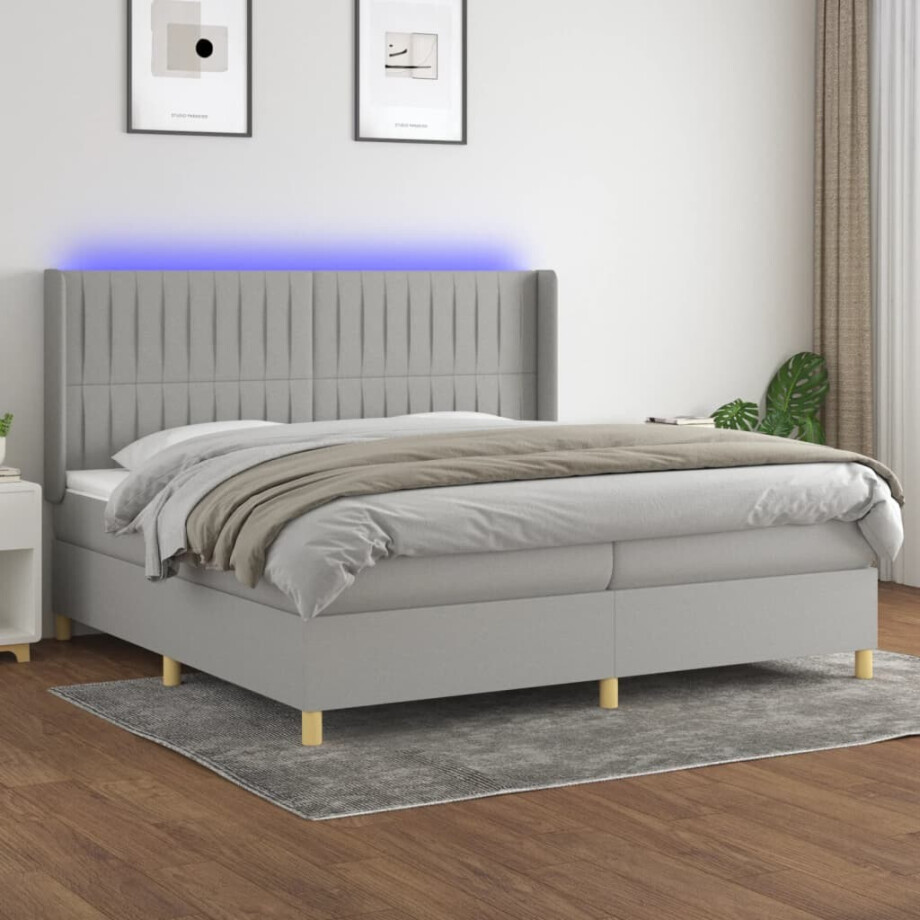 vidaXL Boxspring met matras en LED stof lichtgrijs 200x200 cm afbeelding 1