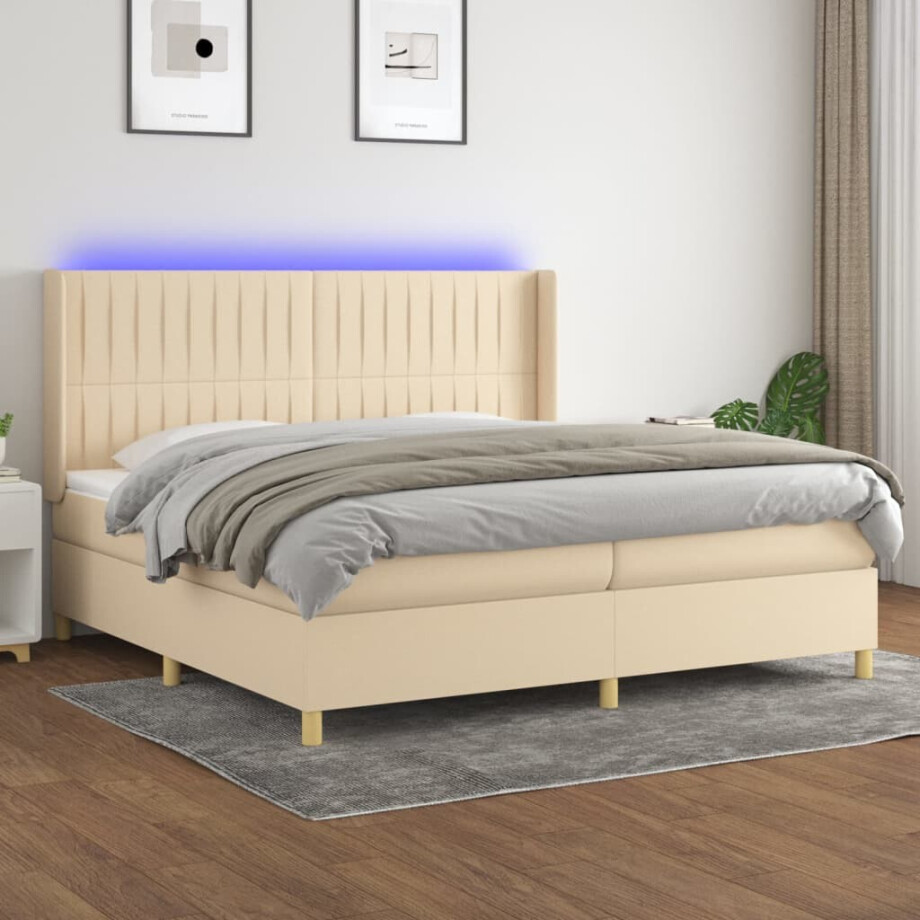 vidaXL Boxspring met matras en LED stof crèmekleurig 200x200 cm afbeelding 1