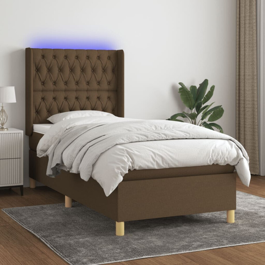 vidaXL Boxspring met matras en LED stof donkerbruin 90x190 cm afbeelding 1