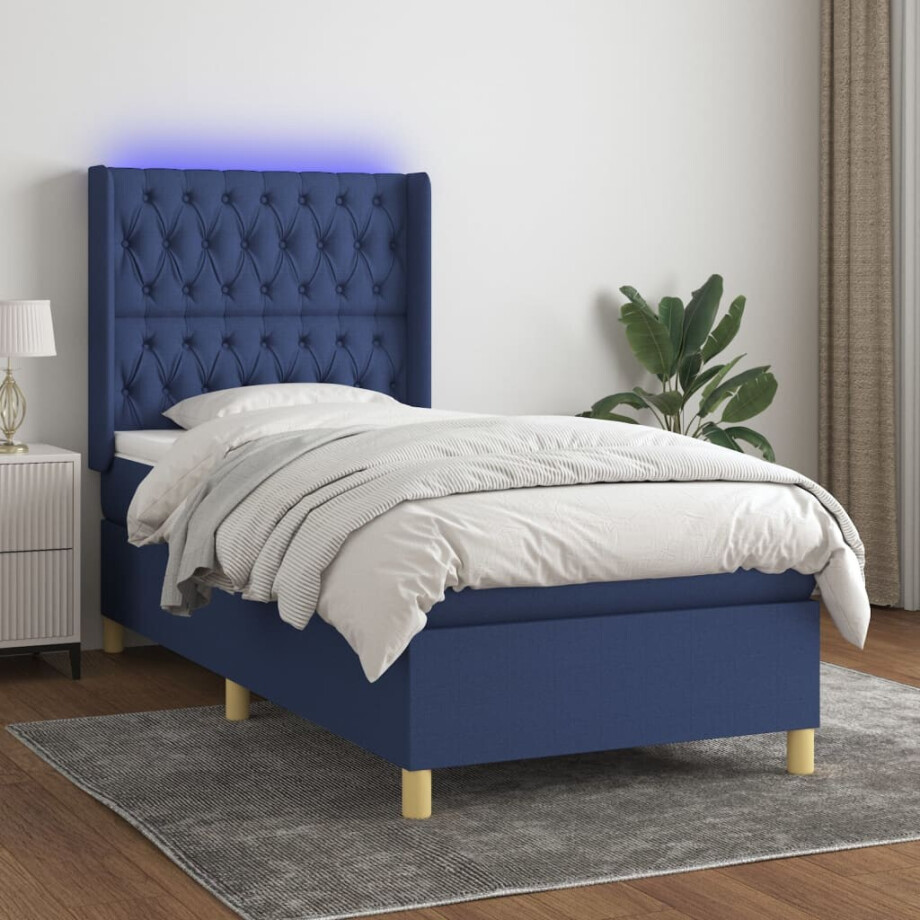 vidaXL Boxspring met matras en LED stof blauw 90x200 cm afbeelding 1