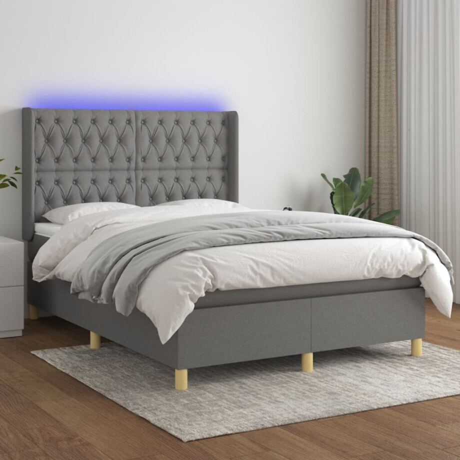 vidaXL Boxspring met matras en LED stof donkergrijs 140x200 cm afbeelding 1