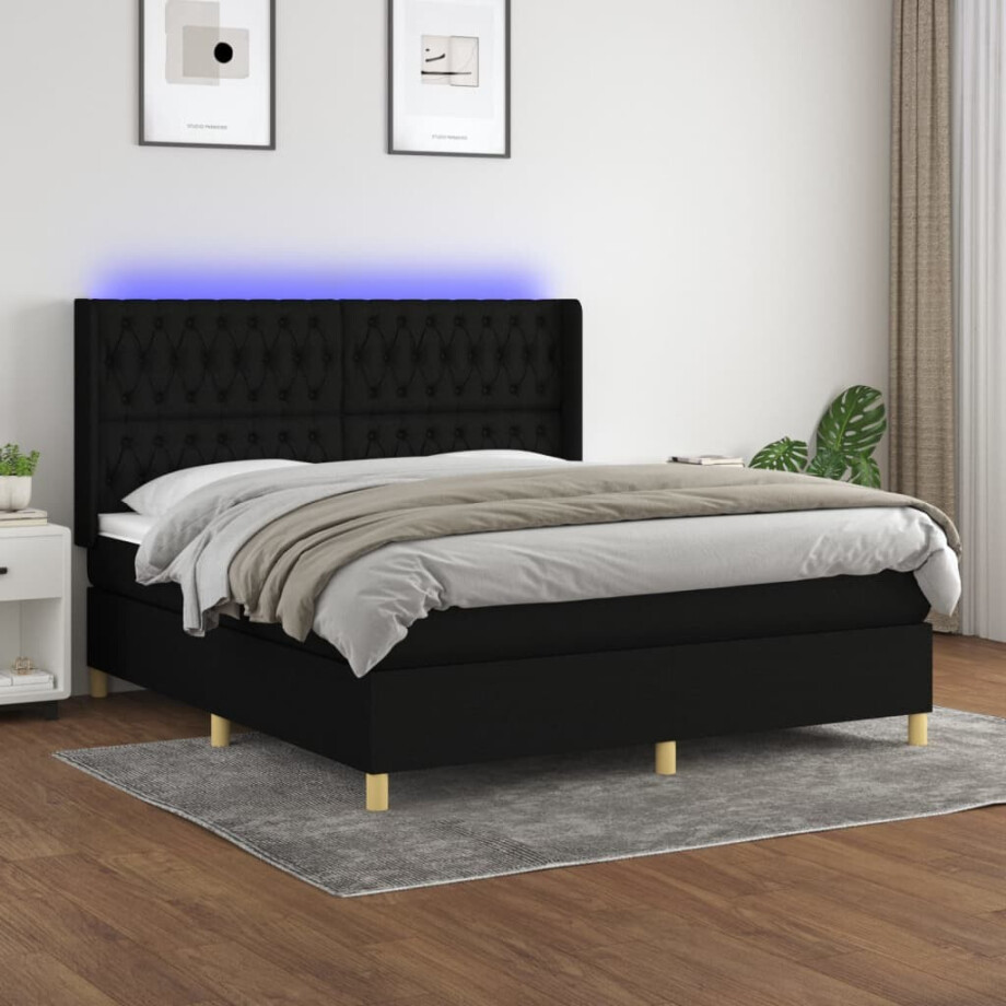 vidaXL Boxspring met matras en LED stof zwart 160x200 cm afbeelding 1