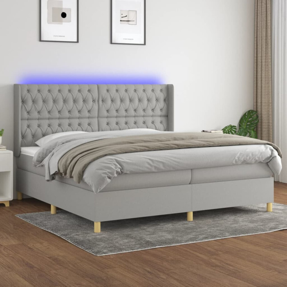 vidaXL Boxspring met matras en LED stof lichtgrijs 200x200 cm afbeelding 1