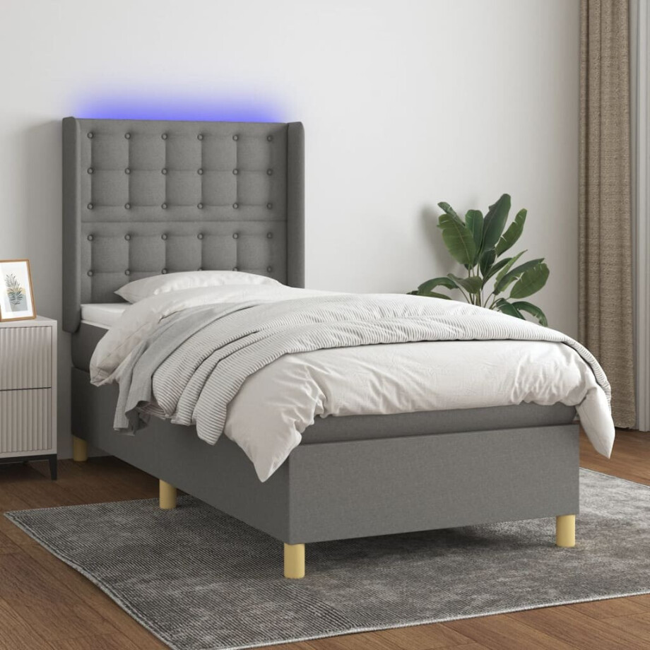 vidaXL Boxspring met matras en LED stof donkergrijs 100x200 cm afbeelding 1