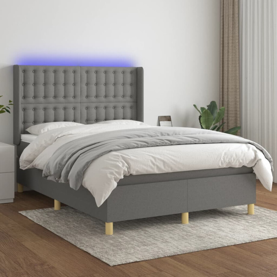 vidaXL Boxspring met matras en LED stof donkergrijs 140x190 cm afbeelding 1