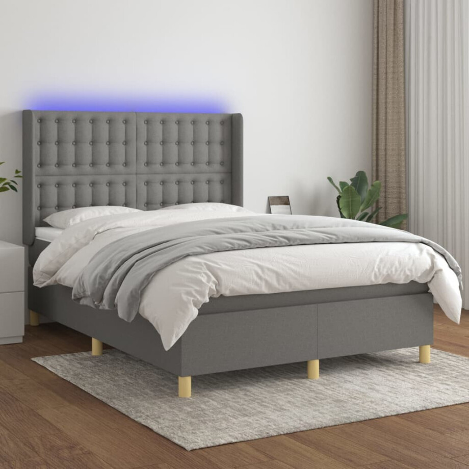 vidaXL Boxspring met matras en LED stof donkergrijs 140x200 cm afbeelding 1