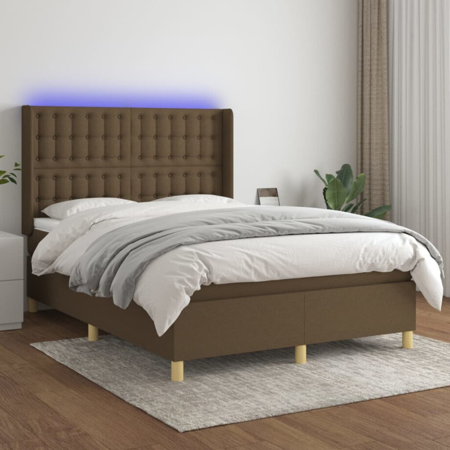 vidaXL Boxspring met matras en LED stof donkerbruin 140x200 cm afbeelding 1