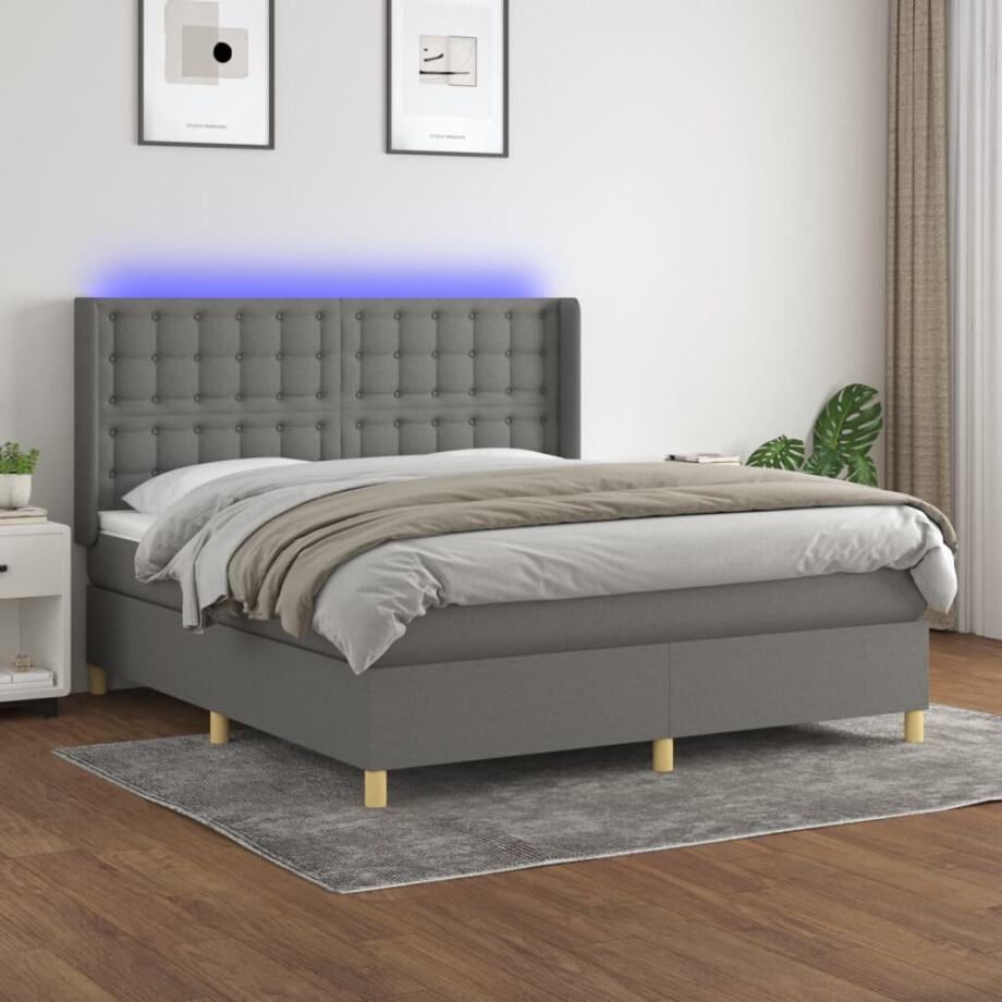 vidaXL Boxspring met matras en LED stof donkergrijs 180x200 cm afbeelding 1