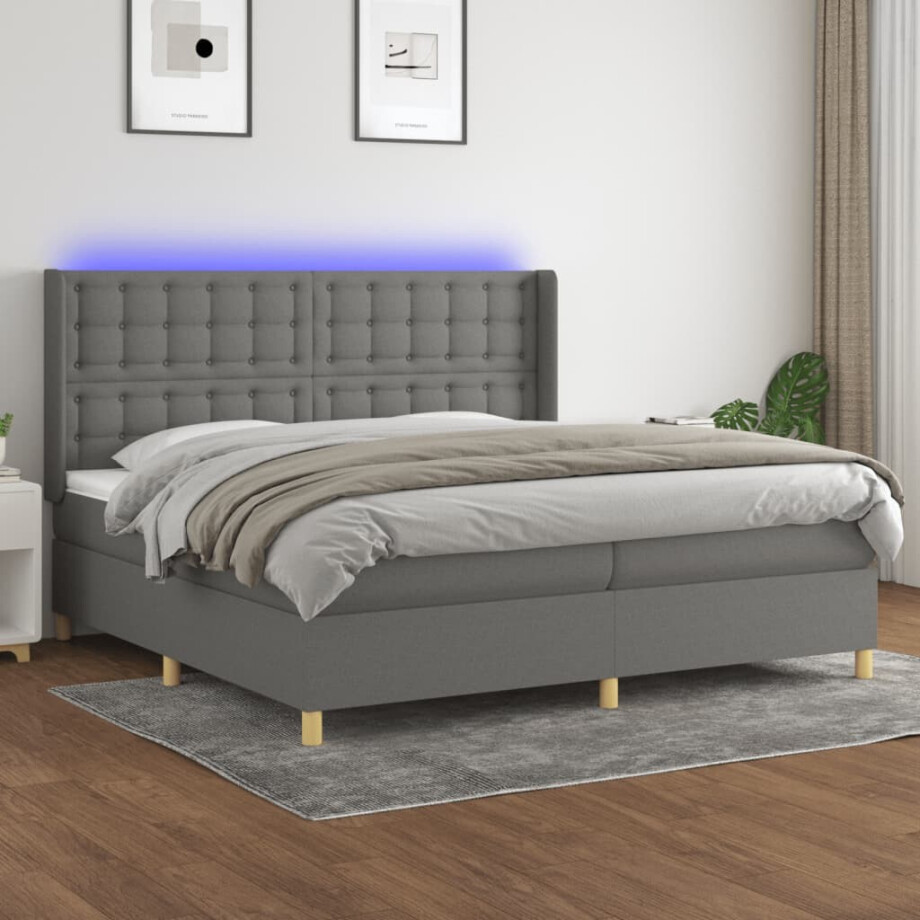 vidaXL Boxspring met matras en LED stof donkergrijs 200x200 cm afbeelding 1