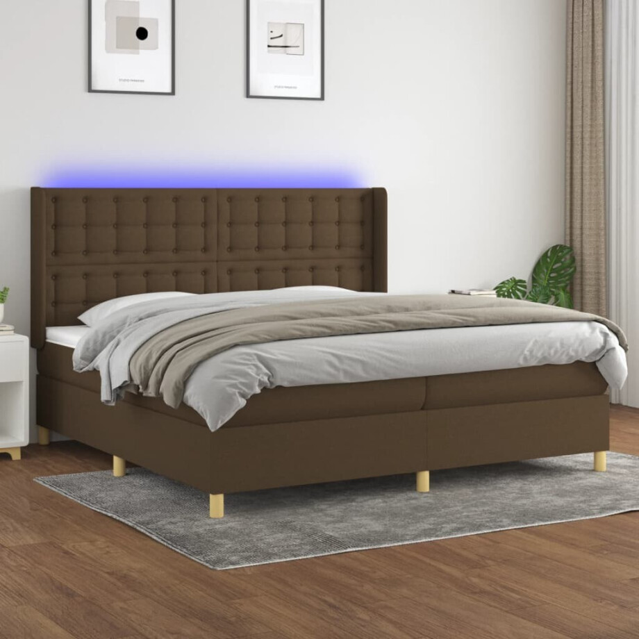 vidaXL Boxspring met matras en LED stof donkerbruin 200x200 cm afbeelding 1