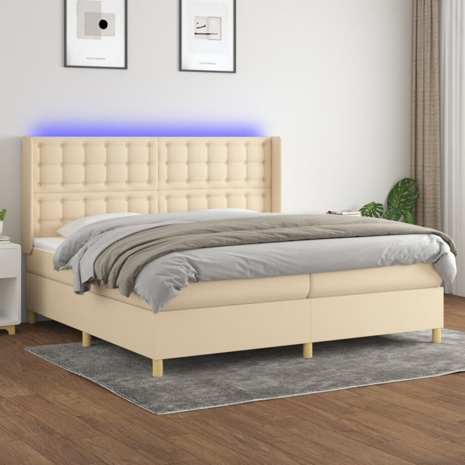vidaXL Boxspring met matras en LED stof crèmekleurig 200x200 cm afbeelding 1