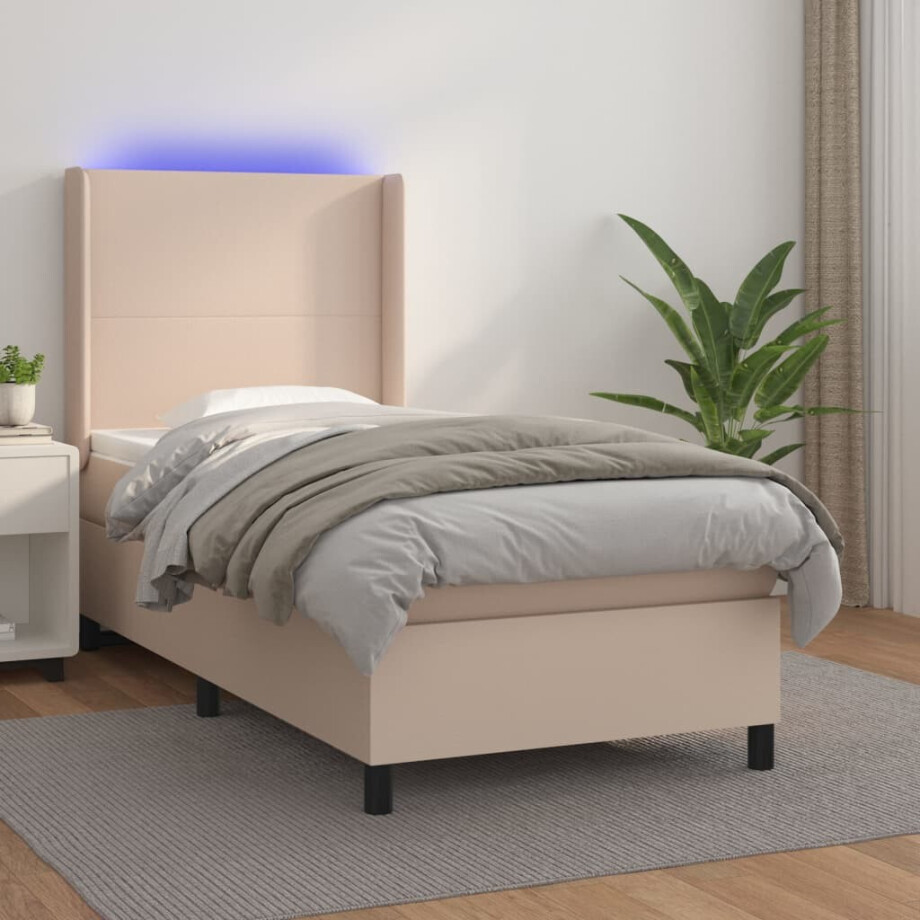 vidaXL Boxspring met matras en LED kunstleer cappuccinokleur 90x200 cm vidaXL Boxspring met matras en LED kunstleer cappuccinokleur 90x200 cm afbeelding 1