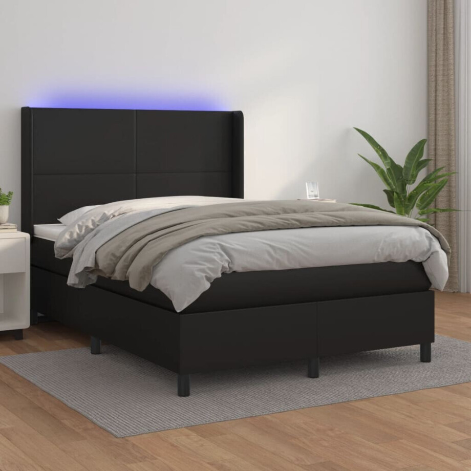 vidaXL Boxspring met matras en LED kunstleer zwart 140x190 cm afbeelding 1