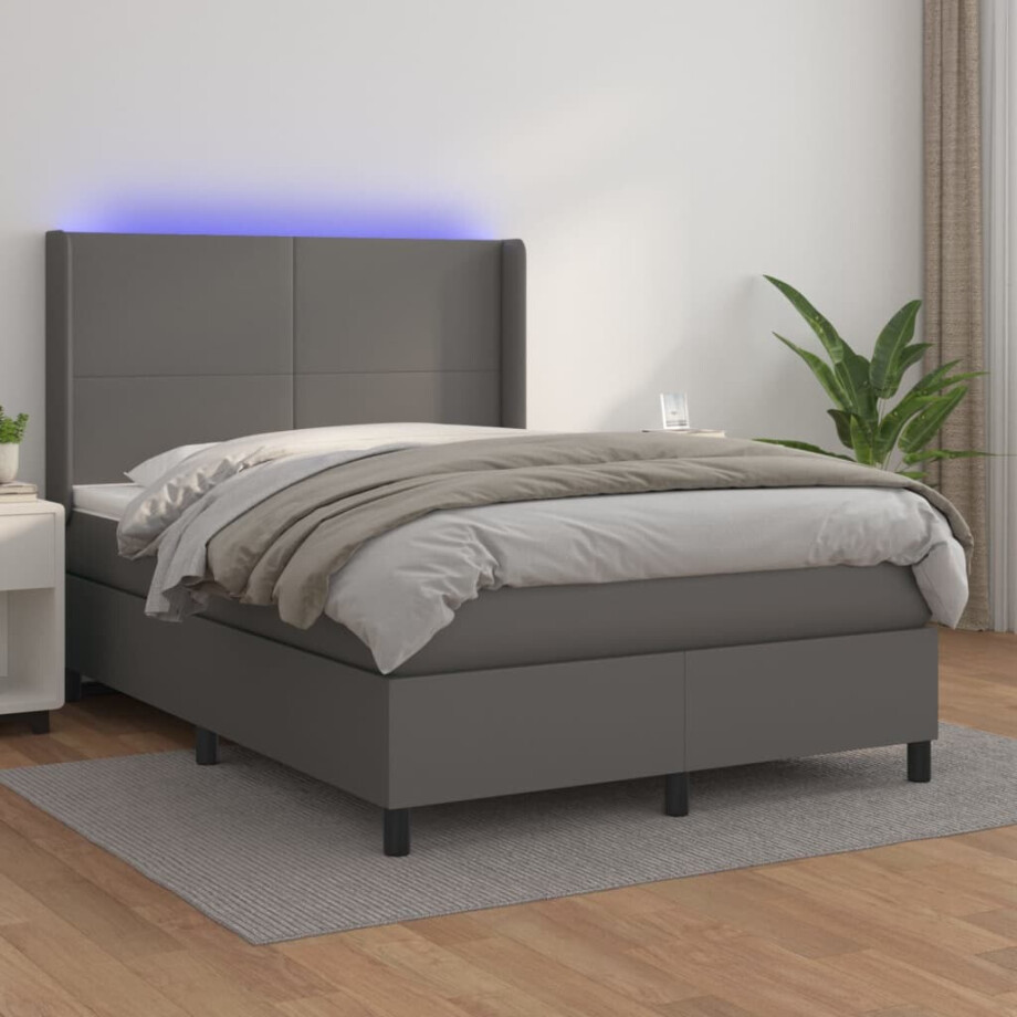 vidaXL Boxspring met matras en LED kunstleer grijs 140x190 cm afbeelding 1