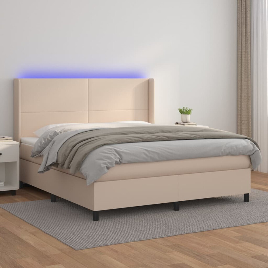 vidaXL Boxspring met matras en LED kunstleer cappuccinokleur 180x200cm afbeelding 1