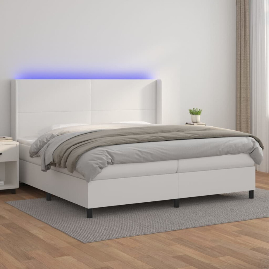 vidaXL Boxspring met matras en LED kunstleer wit 200x200 cm afbeelding 1