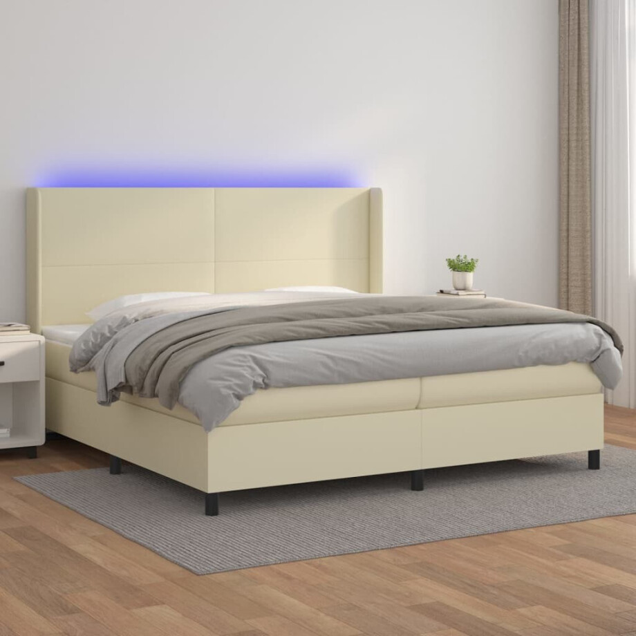 vidaXL Boxspring met matras en LED kunstleer crèmekleurig 200x200 cm afbeelding 1