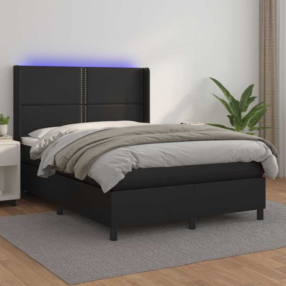 vidaXL Boxspring met matras en LED kunstleer zwart 140x200 cm vidaXL Boxspring met matras en LED kunstleer zwart 140x200 cm afbeelding 1