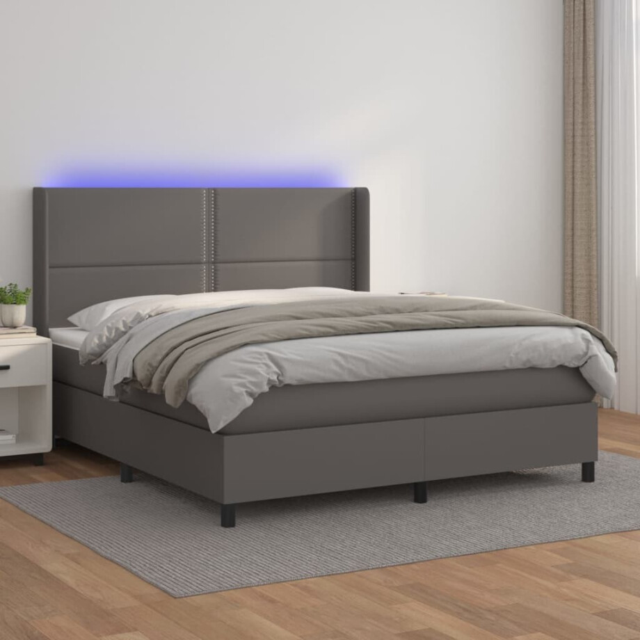 vidaXL Boxspring met matras en LED kunstleer grijs 180x200 cm afbeelding 1