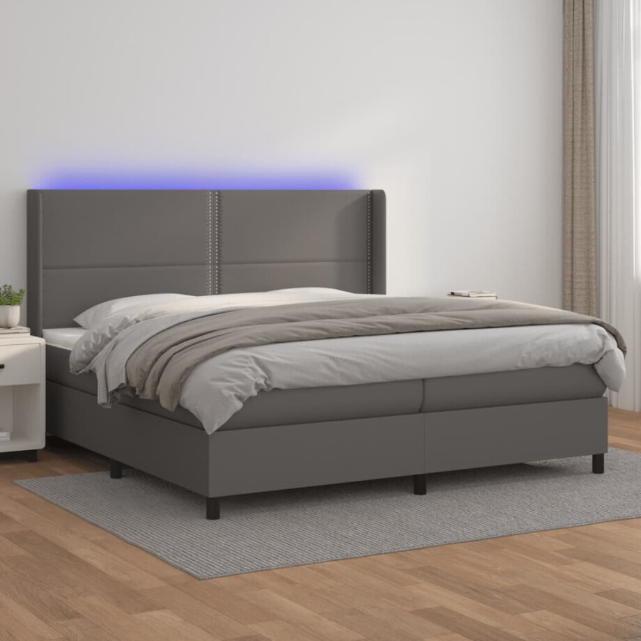 vidaXL Boxspring met matras en LED kunstleer grijs 200x200 cm afbeelding 1