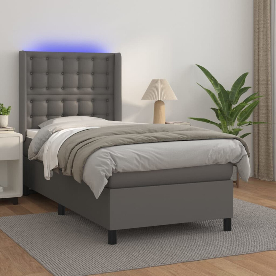 vidaXL Boxspring met matras en LED kunstleer grijs 80x200 cm afbeelding 1